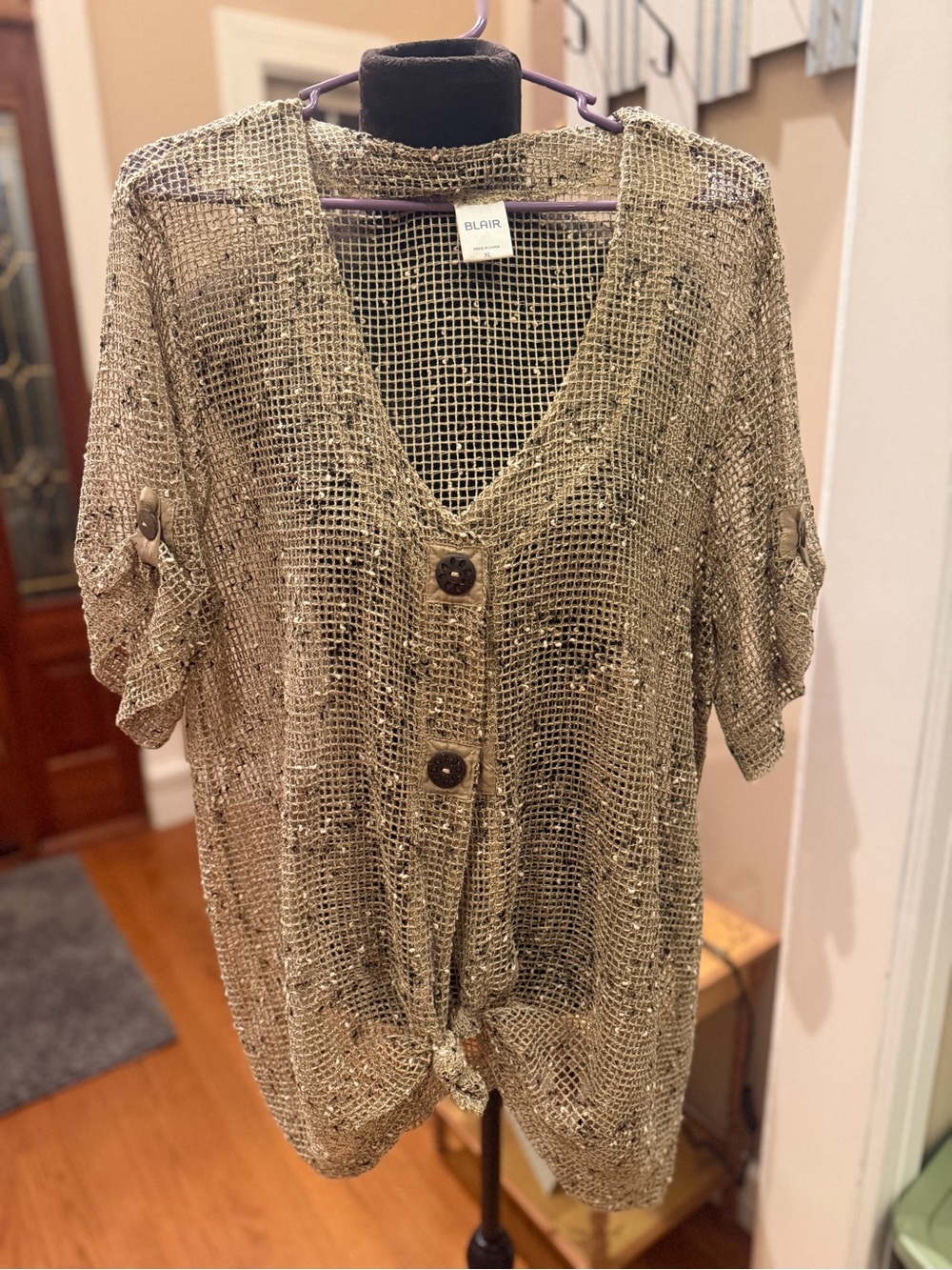 Blair Open-Knit Button-Front Tunic in Olive Green